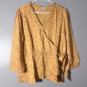 Lucky Brand Floral Wrap Blouse Womens Large Boho Peplum Tie Front Long Sleeve